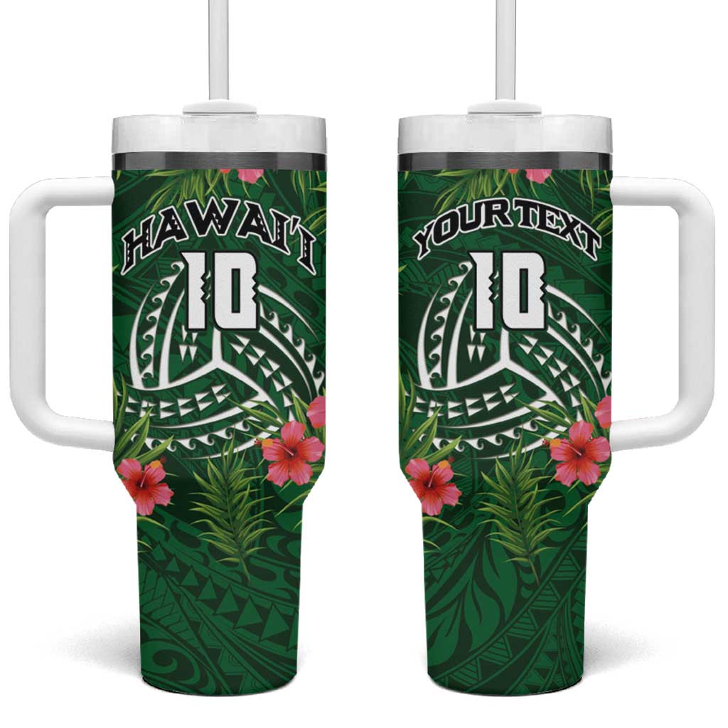 Custom Hawaii Volleyball Tumbler With Handle Kakau Abstract and Tropical Plants Green Color - Polynesian Pride