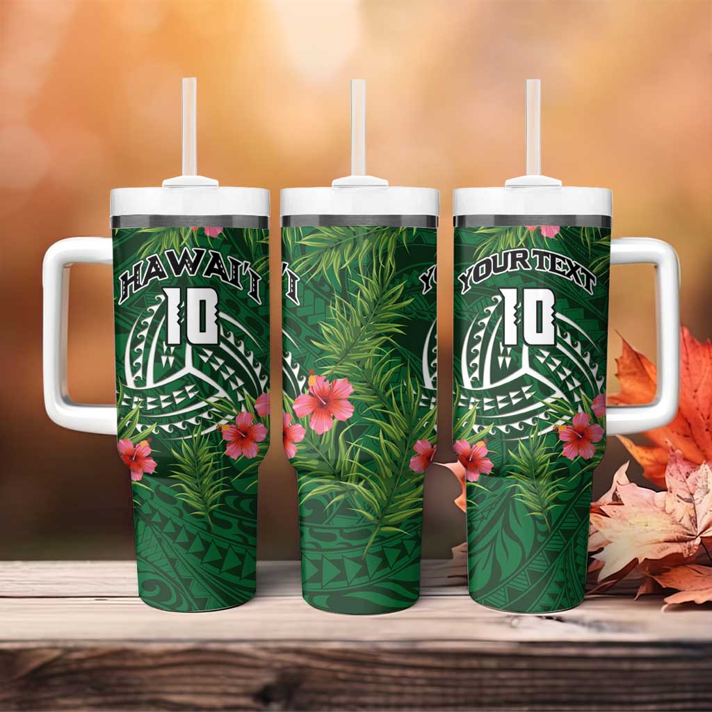 Custom Hawaii Volleyball Tumbler With Handle Kakau Abstract and Tropical Plants Green Color - Polynesian Pride