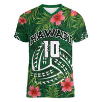 Custom Hawaii Volleyball Women V-Neck T-Shirt Kakau Abstract and Tropical Plants Green Color - Polynesian Pride
