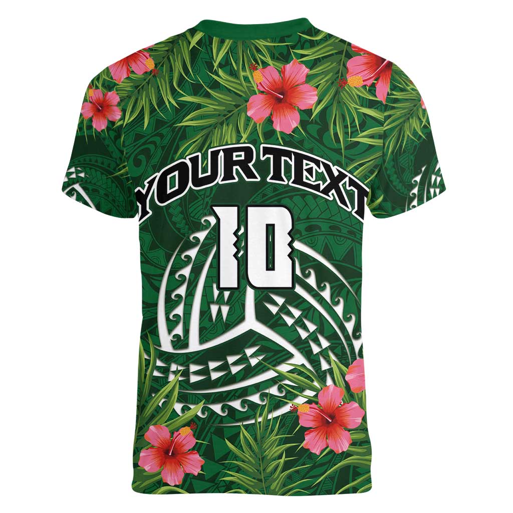 Custom Hawaii Volleyball Women V-Neck T-Shirt Kakau Abstract and Tropical Plants Green Color - Polynesian Pride