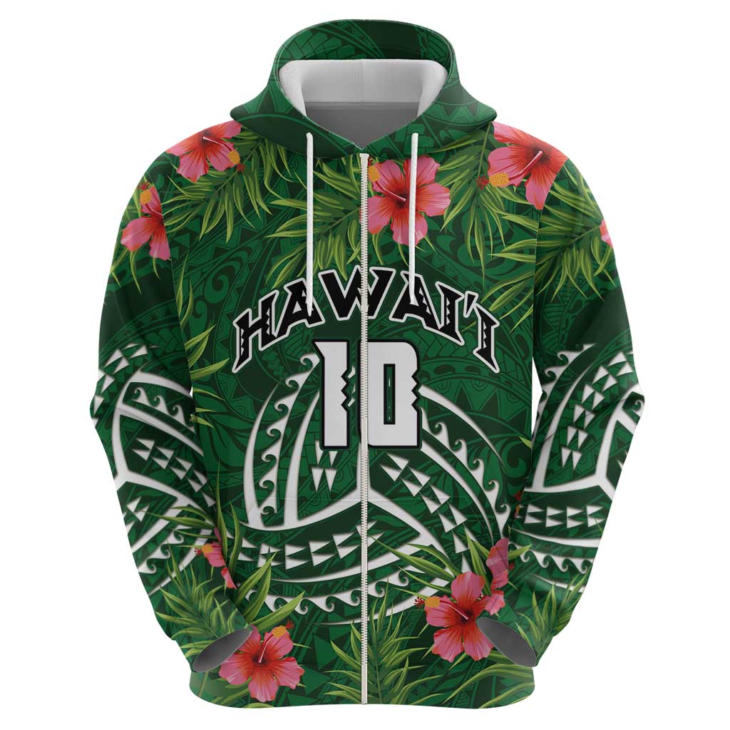 Custom Hawaii Volleyball Zip Hoodie Kakau Abstract and Tropical Plants Green Color - Polynesian Pride