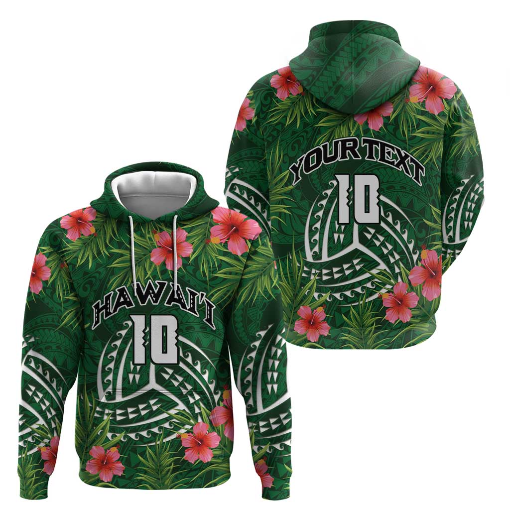 Custom Hawaii Volleyball Zip Hoodie Kakau Abstract and Tropical Plants Green Color - Polynesian Pride