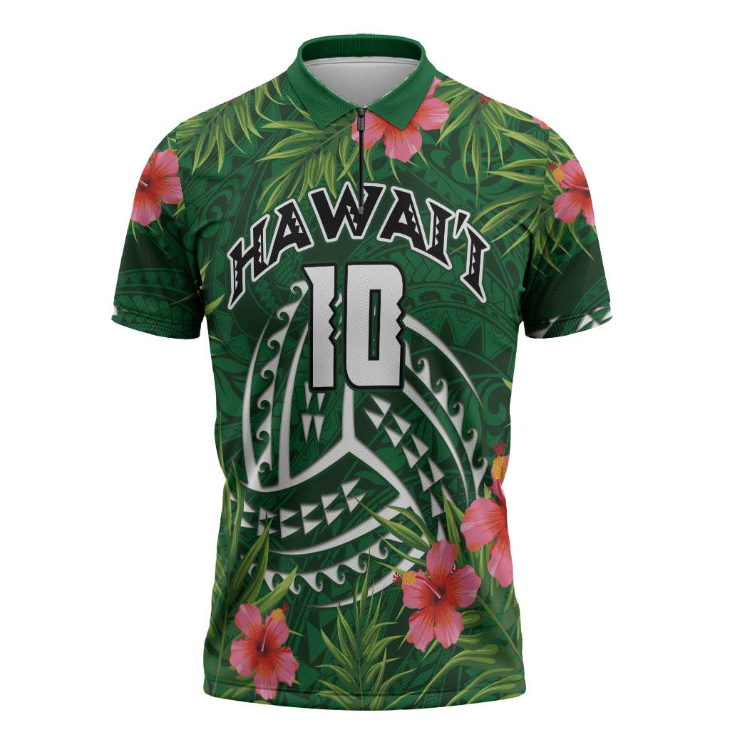Custom Hawaii Volleyball Zipper Polo Shirt Kakau Abstract and Tropical Plants Green Color - Polynesian Pride