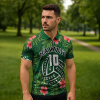Custom Hawaii Volleyball Zipper Polo Shirt Kakau Abstract and Tropical Plants Green Color - Polynesian Pride