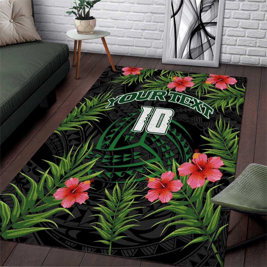 Custom Hawaii Volleyball Area Rug Kakau Abstract and Tropical Plants Black Color - Polynesian Pride