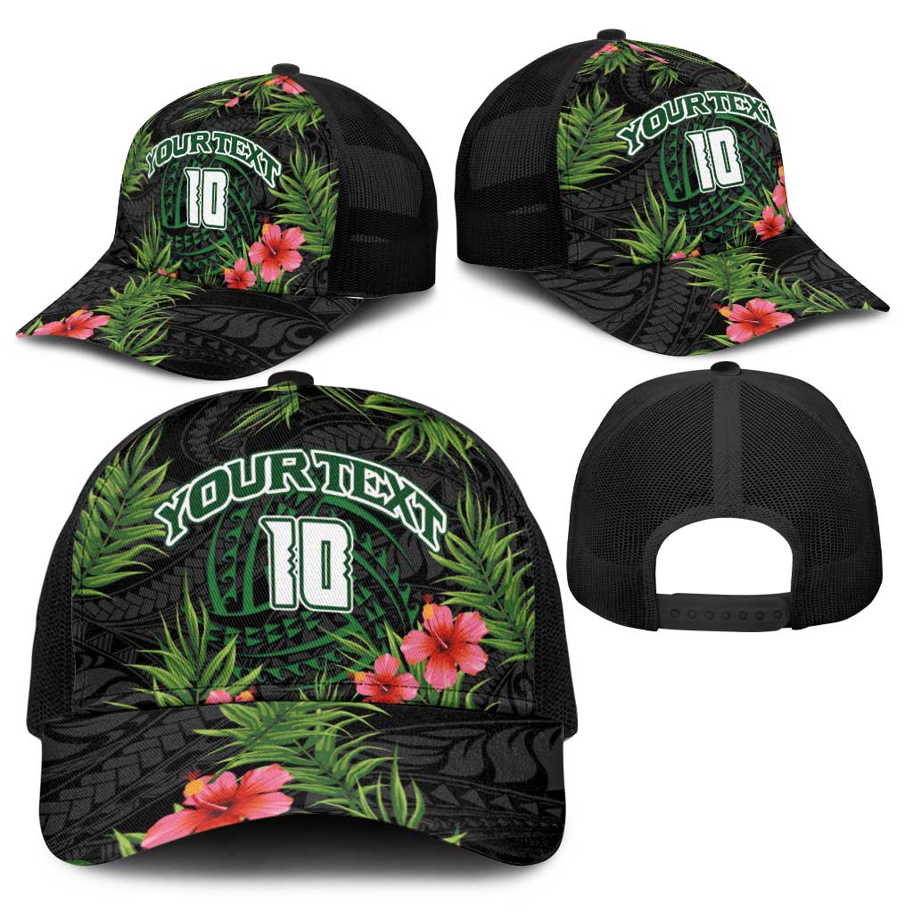 Custom Hawaii Volleyball Baseball Net Cap Kakau Abstract and Tropical Plants Black Color - Polynesian Pride
