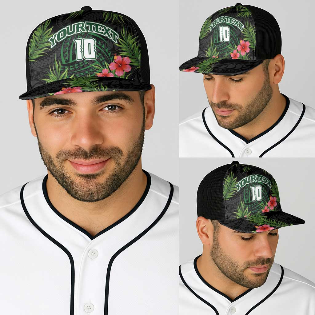 Custom Hawaii Volleyball Baseball Net Cap Kakau Abstract and Tropical Plants Black Color - Polynesian Pride