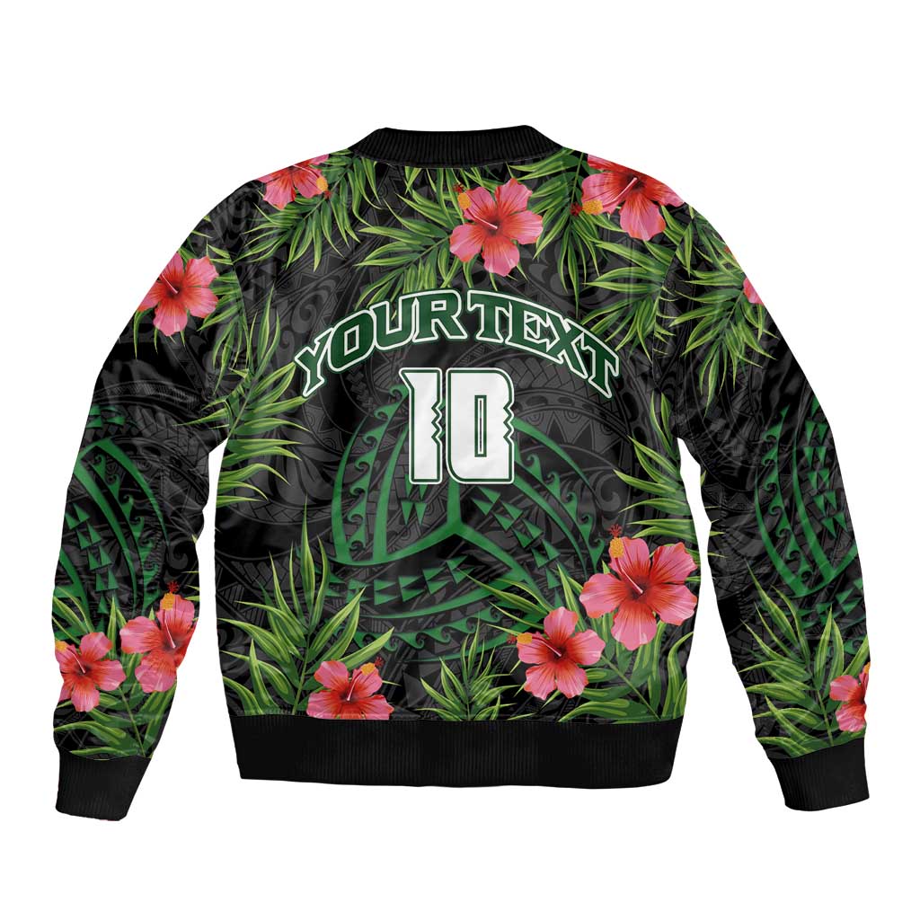Custom Hawaii Volleyball Bomber Jacket Kakau Abstract and Tropical Plants Black Color - Polynesian Pride