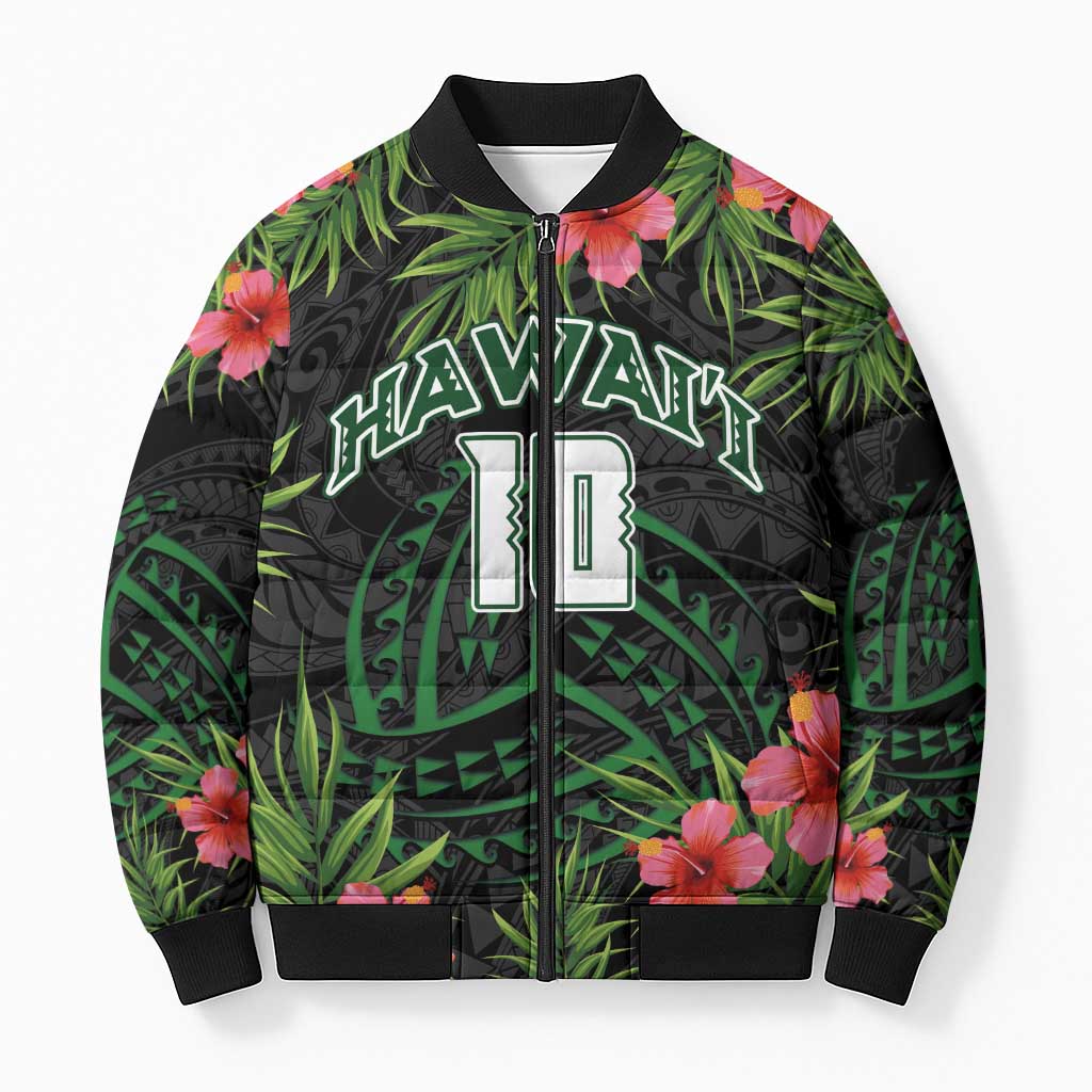 Custom Hawaii Volleyball Bomber Puffer Jacket Kakau Abstract and Tropical Plants Black Color - Polynesian Pride