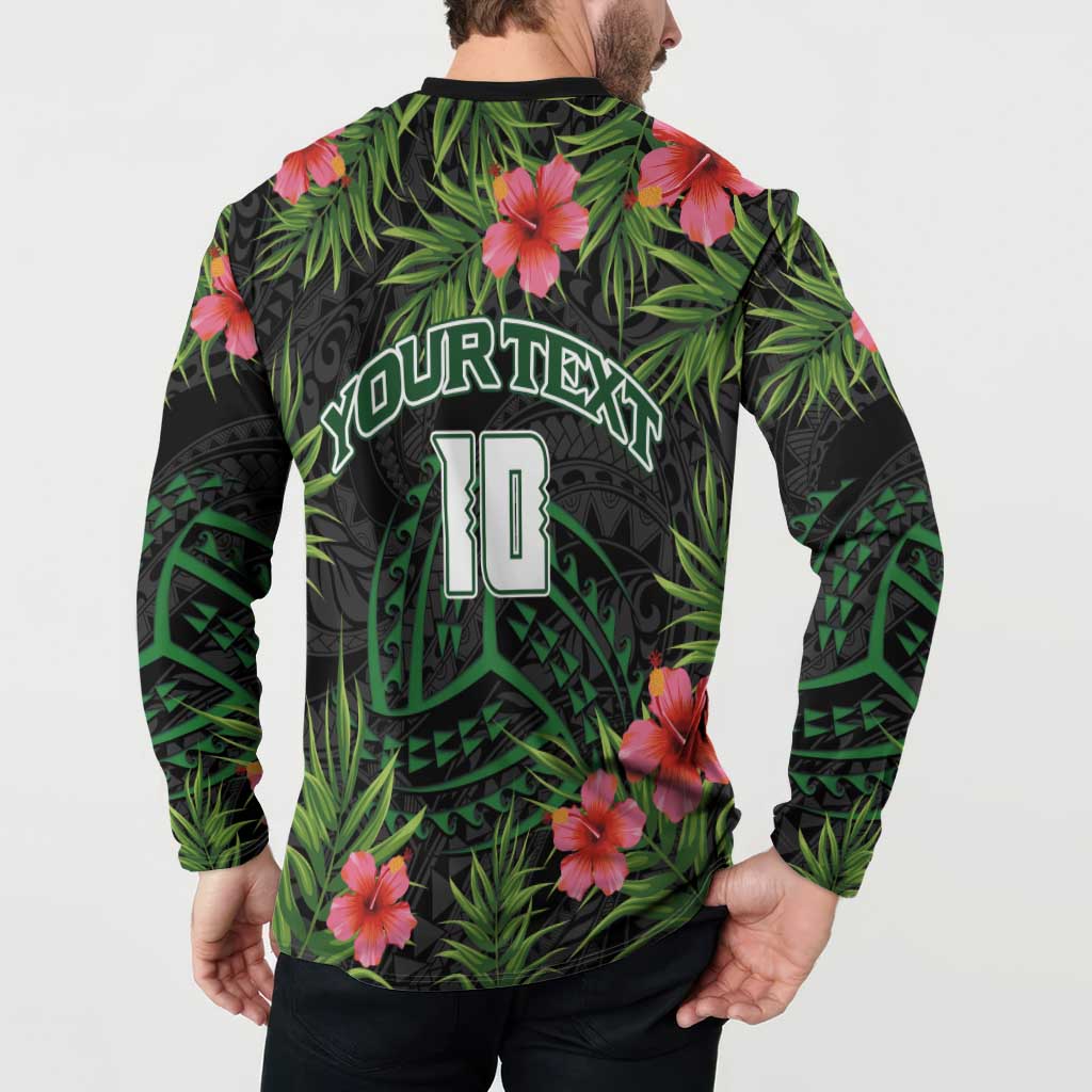 Custom Hawaii Volleyball Button Sweatshirt Kakau Abstract and Tropical Plants Black Color - Polynesian Pride