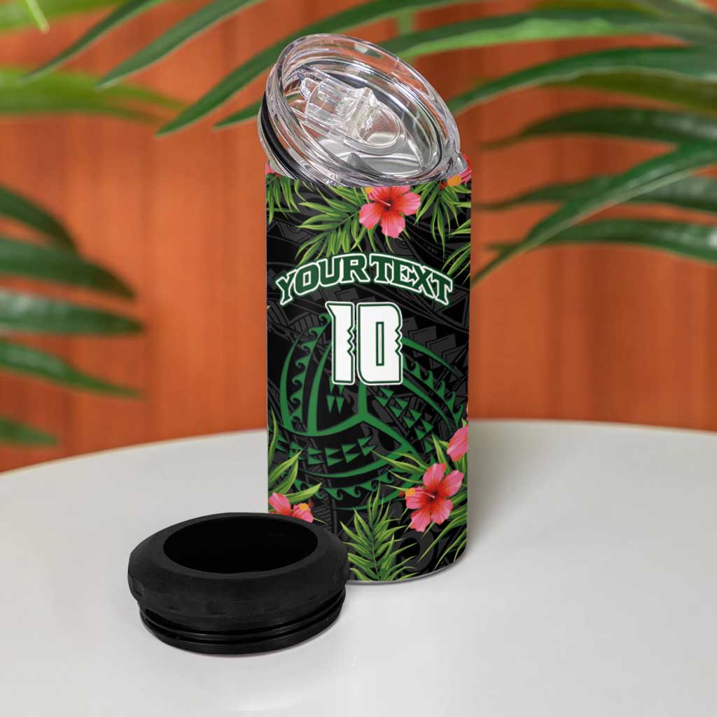 Custom Hawaii Volleyball 4 in 1 Can Cooler Tumbler Kakau Abstract and Tropical Plants Black Color - Polynesian Pride