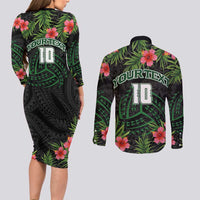 Custom Hawaii Volleyball Couples Matching Long Sleeve Bodycon Dress and Long Sleeve Button Shirt Kakau Abstract and Tropical Plants Black Color - Polynesian Pride