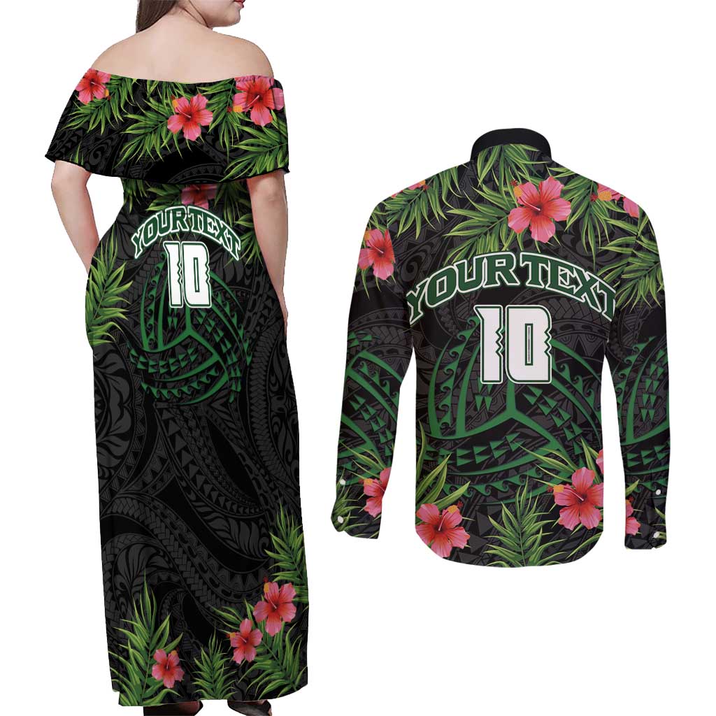 Custom Hawaii Volleyball Couples Matching Off Shoulder Maxi Dress and Long Sleeve Button Shirt Kakau Abstract and Tropical Plants Black Color - Polynesian Pride