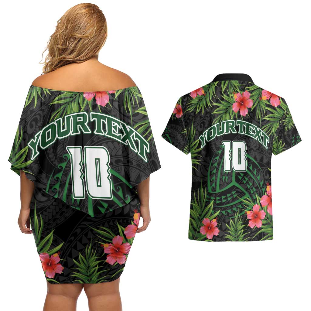 Custom Hawaii Volleyball Couples Matching Off Shoulder Short Dress and Hawaiian Shirt Kakau Abstract and Tropical Plants Black Color - Polynesian Pride