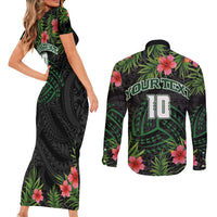 Custom Hawaii Volleyball Couples Matching Short Sleeve Bodycon Dress and Long Sleeve Button Shirt Kakau Abstract and Tropical Plants Black Color - Polynesian Pride
