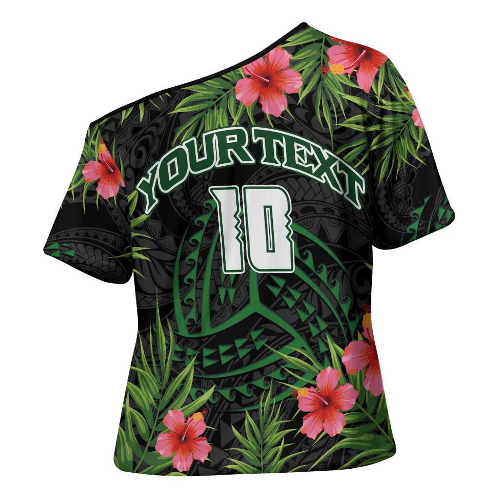 Custom Hawaii Volleyball Cross Shoulder Shirt Kakau Abstract and Tropical Plants Black Color - Polynesian Pride