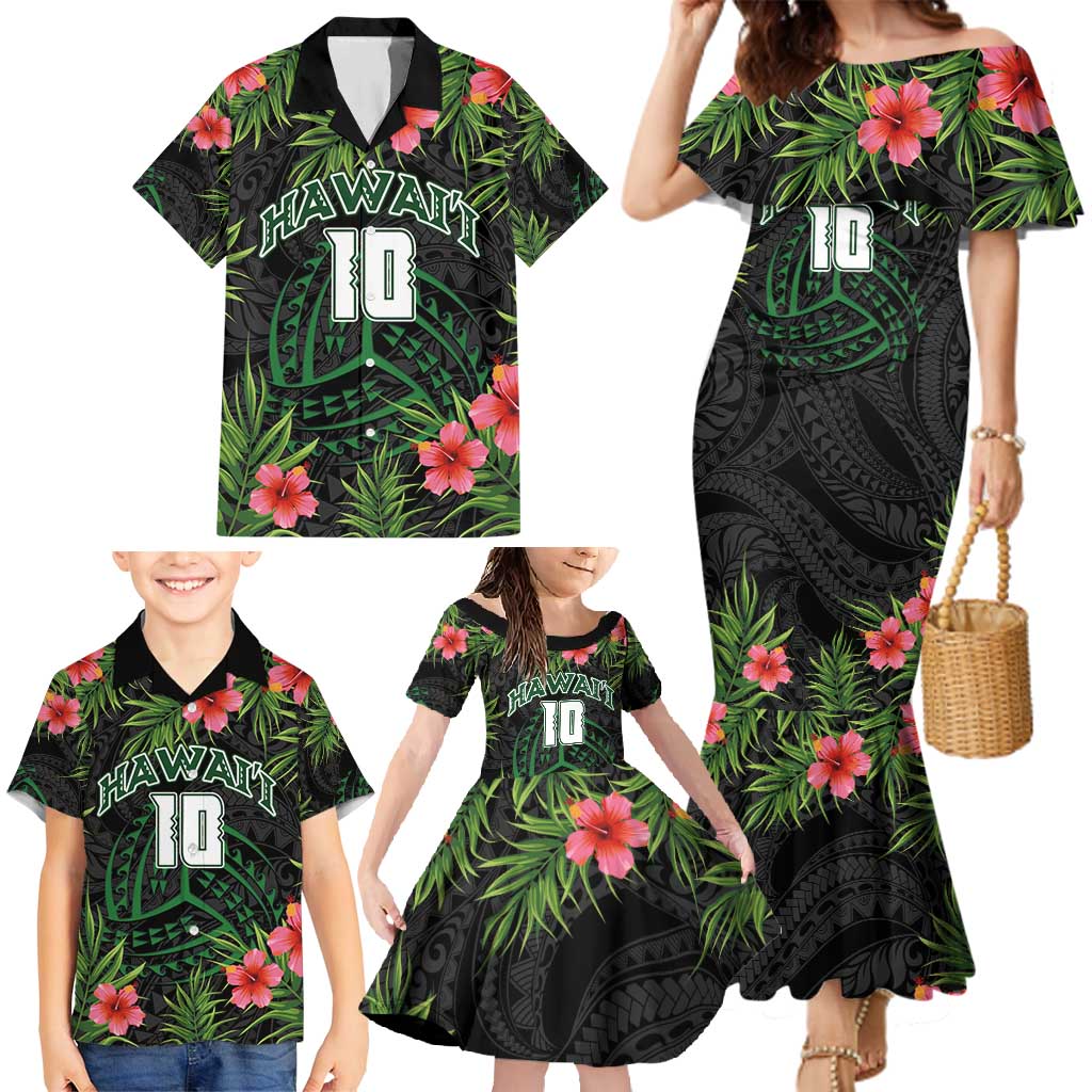 Custom Hawaii Volleyball Family Matching Mermaid Dress and Hawaiian Shirt Kakau Abstract and Tropical Plants Black Color - Polynesian Pride