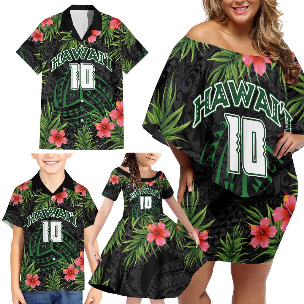 Custom Hawaii Volleyball Family Matching Off Shoulder Short Dress and Hawaiian Shirt Kakau Abstract and Tropical Plants Black Color - Polynesian Pride
