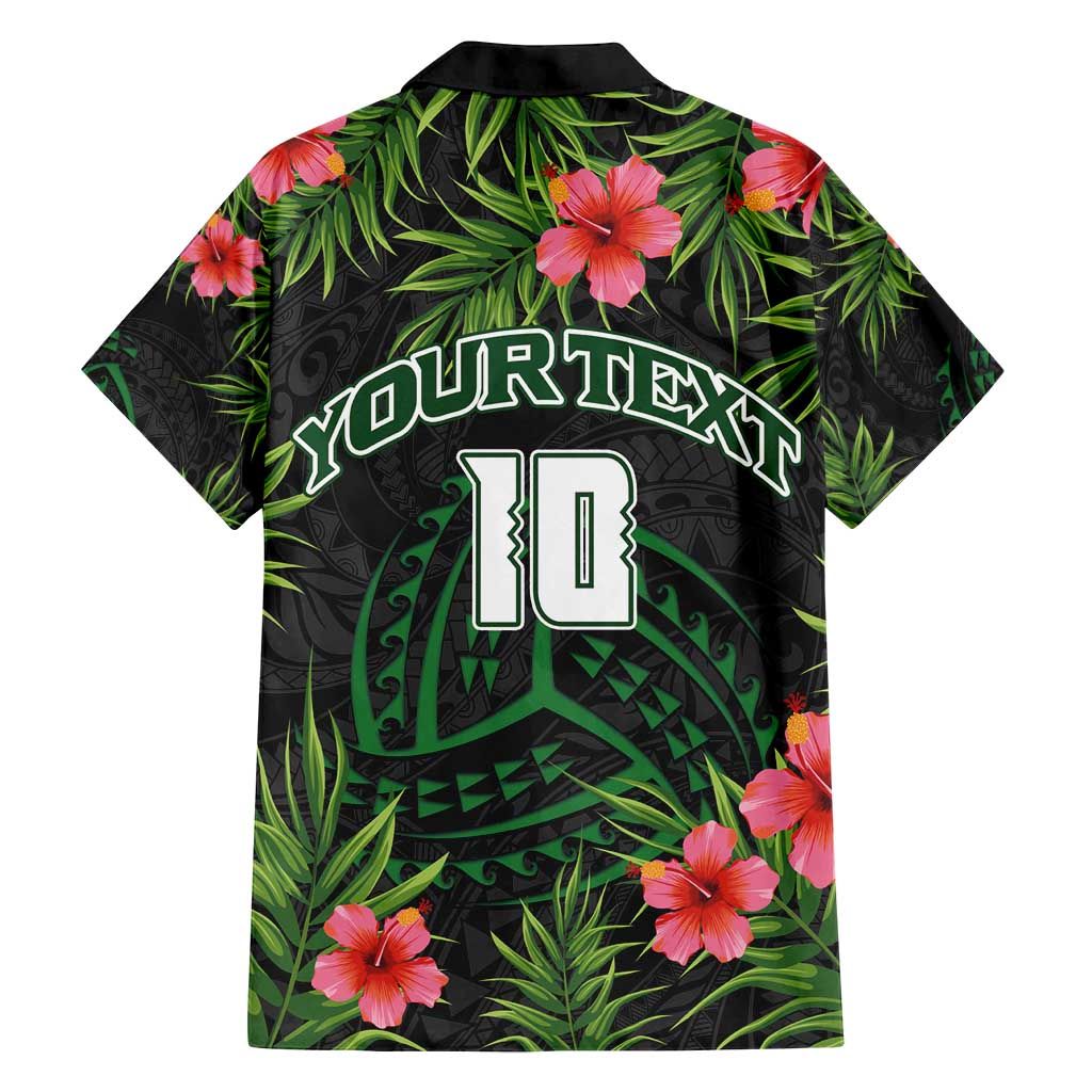 Custom Hawaii Volleyball Family Matching Off Shoulder Short Dress and Hawaiian Shirt Kakau Abstract and Tropical Plants Black Color - Polynesian Pride