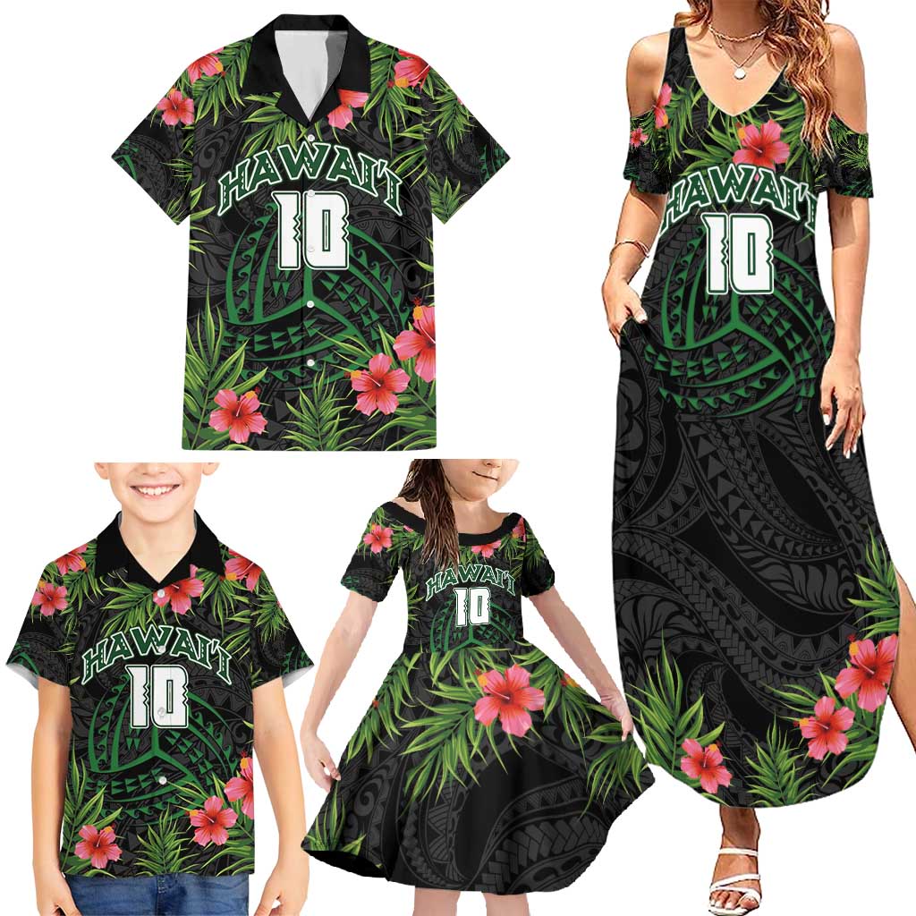 Custom Hawaii Volleyball Family Matching Summer Maxi Dress and Hawaiian Shirt Kakau Abstract and Tropical Plants Black Color - Polynesian Pride