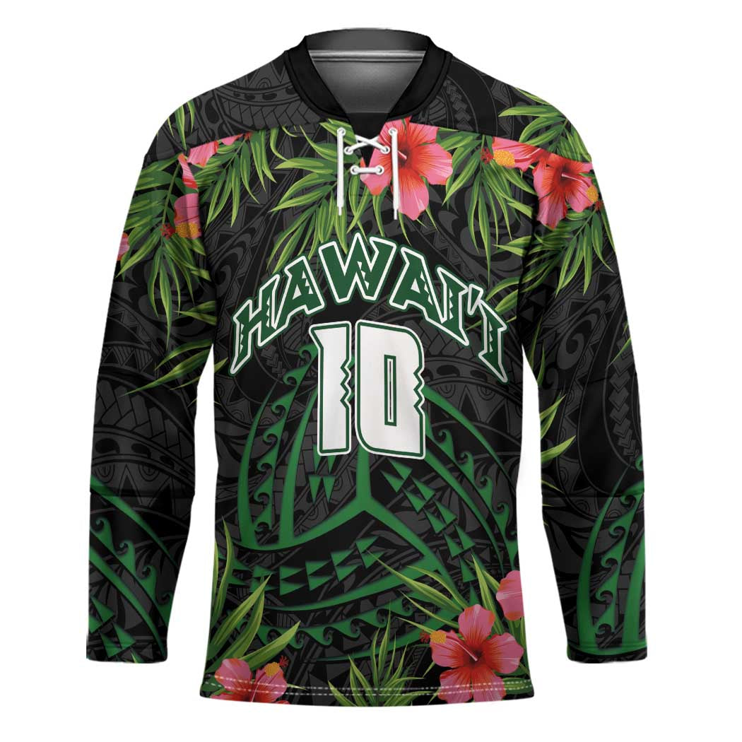 Custom Hawaii Volleyball Hockey Jersey Kakau Abstract and Tropical Plants Black Color - Polynesian Pride