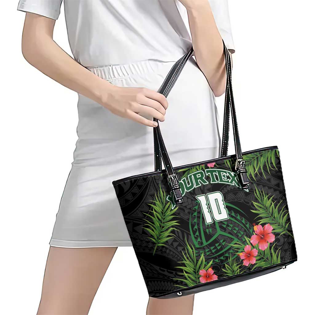 Custom Hawaii Volleyball Leather Tote Bag Kakau Abstract and Tropical Plants Black Color - Polynesian Pride