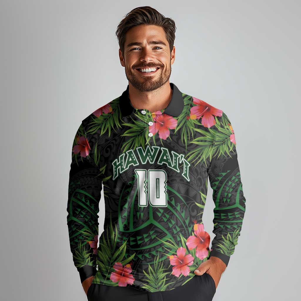 Custom Hawaii Volleyball Long Sleeve Polo Shirt Kakau Abstract and Tropical Plants Black Color - Polynesian Pride
