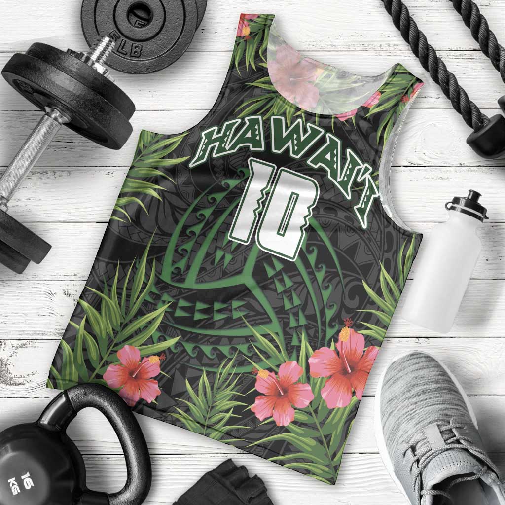 Custom Hawaii Volleyball Men Tank Top Kakau Abstract and Tropical Plants Black Color - Polynesian Pride