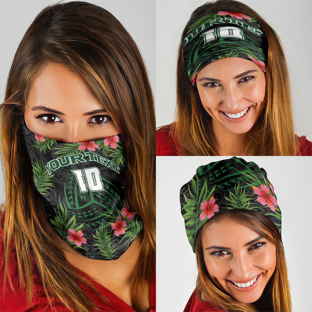 Custom Hawaii Volleyball Neck Gaiter Kakau Abstract and Tropical Plants Black Color - Polynesian Pride
