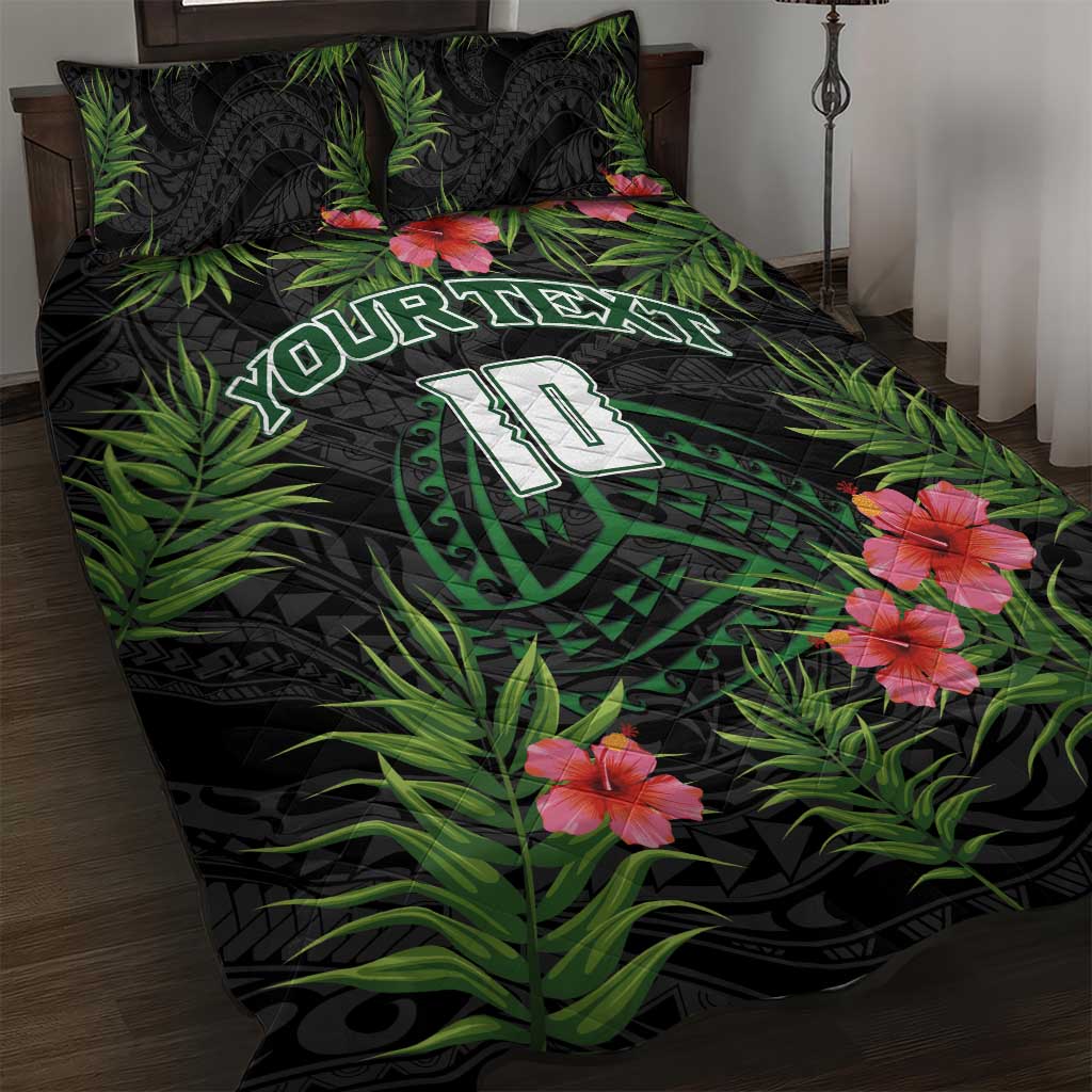 Custom Hawaii Volleyball Quilt Bed Set Kakau Abstract and Tropical Plants Black Color - Polynesian Pride