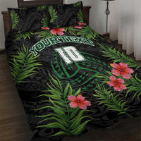 Custom Hawaii Volleyball Quilt Bed Set Kakau Abstract and Tropical Plants Black Color - Polynesian Pride