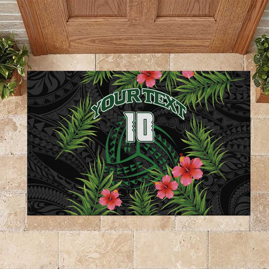 Custom Hawaii Volleyball Rubber Doormat Kakau Abstract and Tropical Plants Black Color - Polynesian Pride