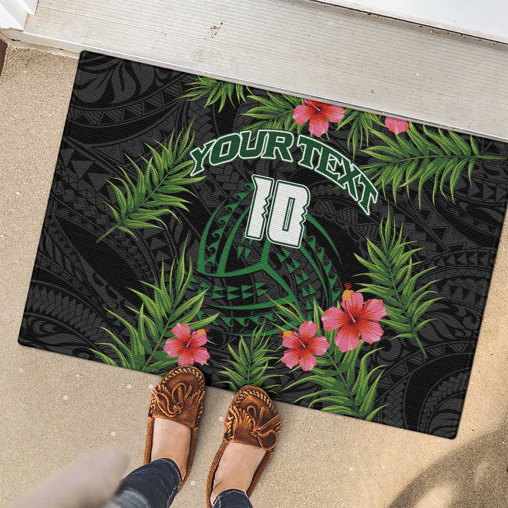 Custom Hawaii Volleyball Rubber Doormat Kakau Abstract and Tropical Plants Black Color - Polynesian Pride