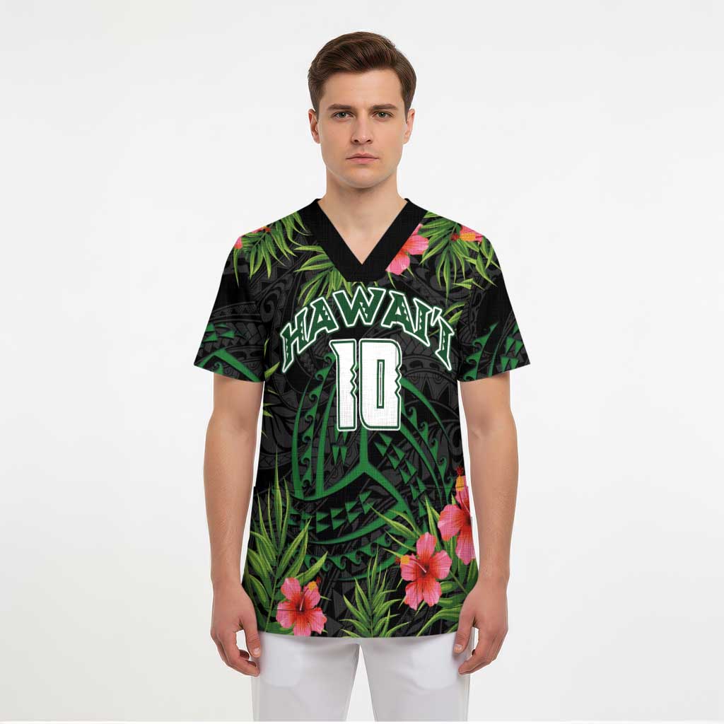 Custom Hawaii Volleyball Scrub Top Kakau Abstract and Tropical Plants Black Color - Polynesian Pride