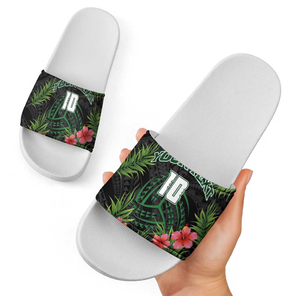 Custom Hawaii Volleyball Slide Sandals Kakau Abstract and Tropical Plants Black Color - Polynesian Pride