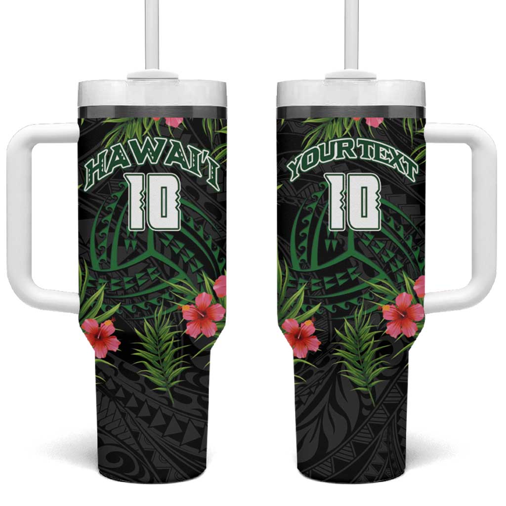 Custom Hawaii Volleyball Tumbler With Handle Kakau Abstract and Tropical Plants Black Color - Polynesian Pride