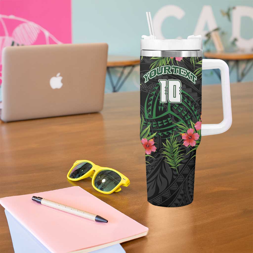Custom Hawaii Volleyball Tumbler With Handle Kakau Abstract and Tropical Plants Black Color - Polynesian Pride