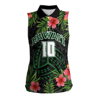 Custom Hawaii Volleyball Women Sleeveless Polo Shirt Kakau Abstract and Tropical Plants Black Color - Polynesian Pride