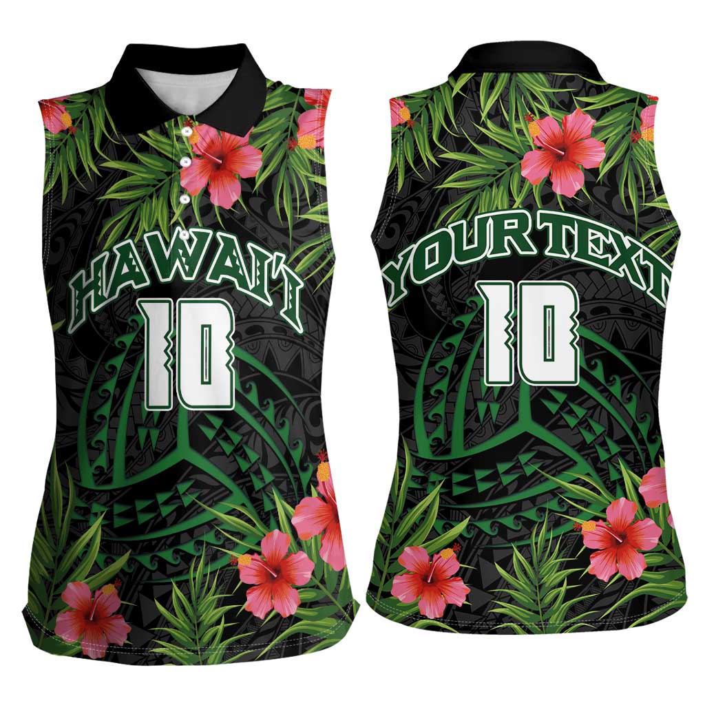 Custom Hawaii Volleyball Women Sleeveless Polo Shirt Kakau Abstract and Tropical Plants Black Color - Polynesian Pride