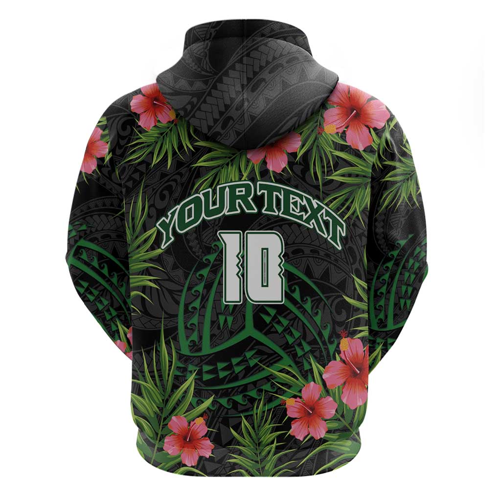 Custom Hawaii Volleyball Zip Hoodie Kakau Abstract and Tropical Plants Black Color - Polynesian Pride