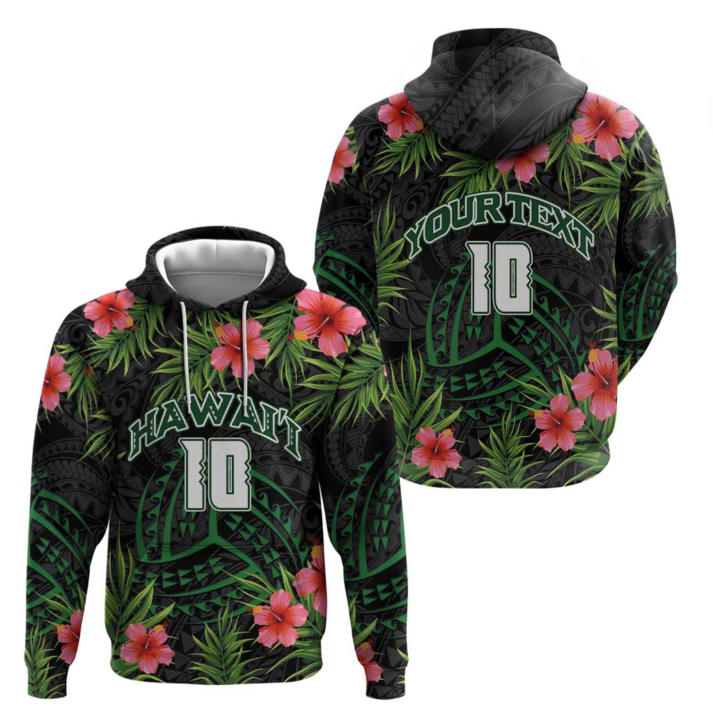 Custom Hawaii Volleyball Zip Hoodie Kakau Abstract and Tropical Plants Black Color - Polynesian Pride