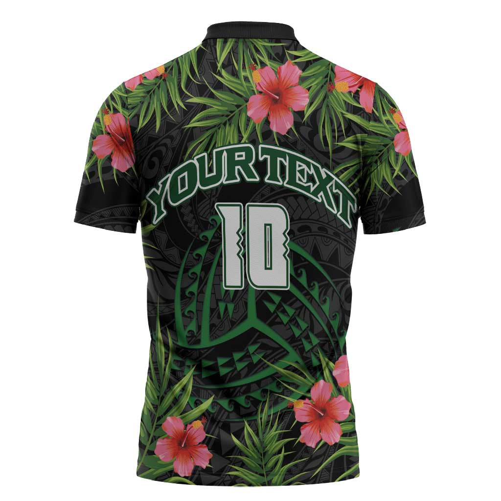 Custom Hawaii Volleyball Zipper Polo Shirt Kakau Abstract and Tropical Plants Black Color - Polynesian Pride