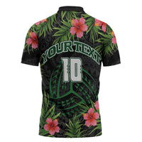 Custom Hawaii Volleyball Zipper Polo Shirt Kakau Abstract and Tropical Plants Black Color - Polynesian Pride