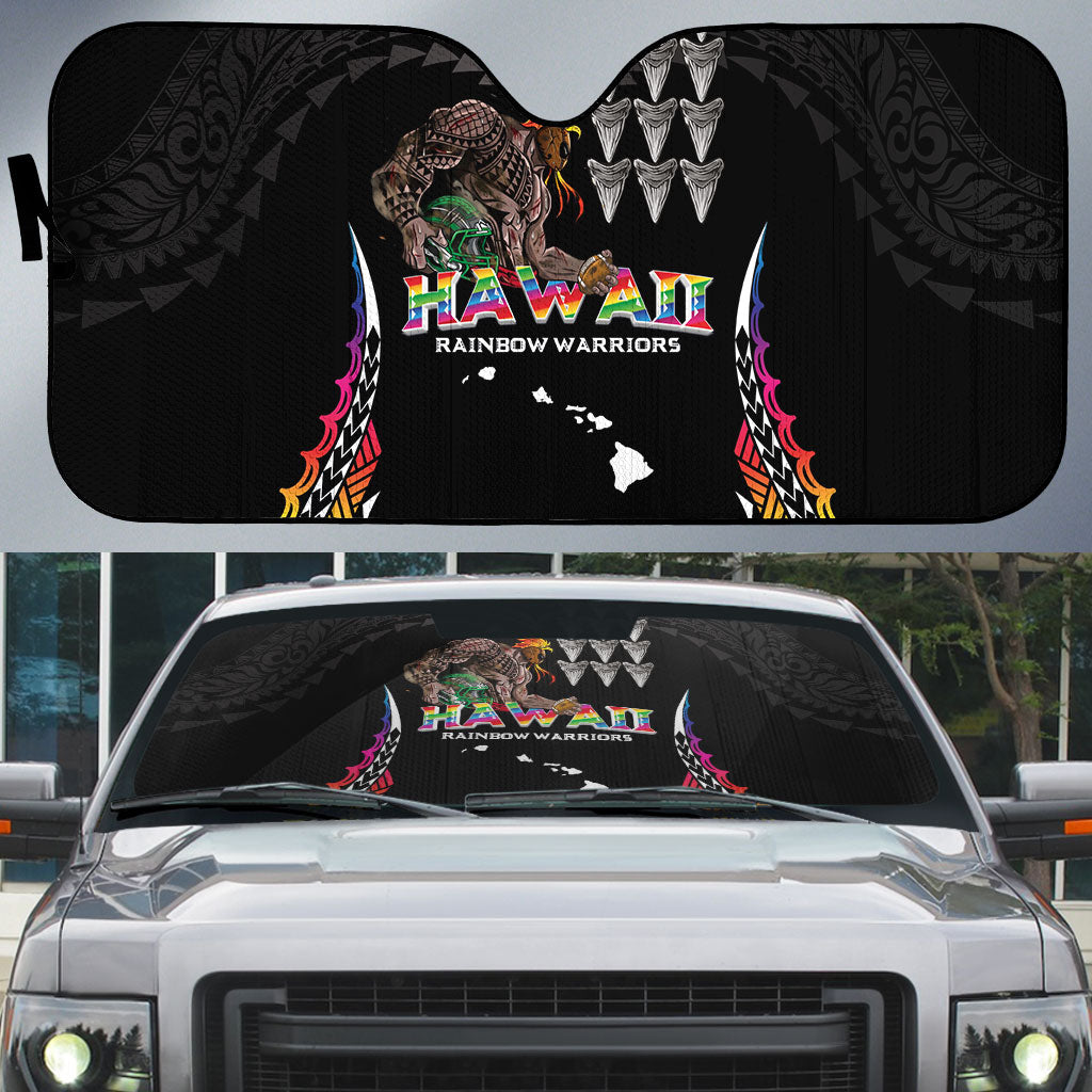 Hawaii Rainbow Warriors Auto Sun Shade Kakau Shark Tooth and Polynesian Art Tattoo LT03 Black - Polynesian Pride