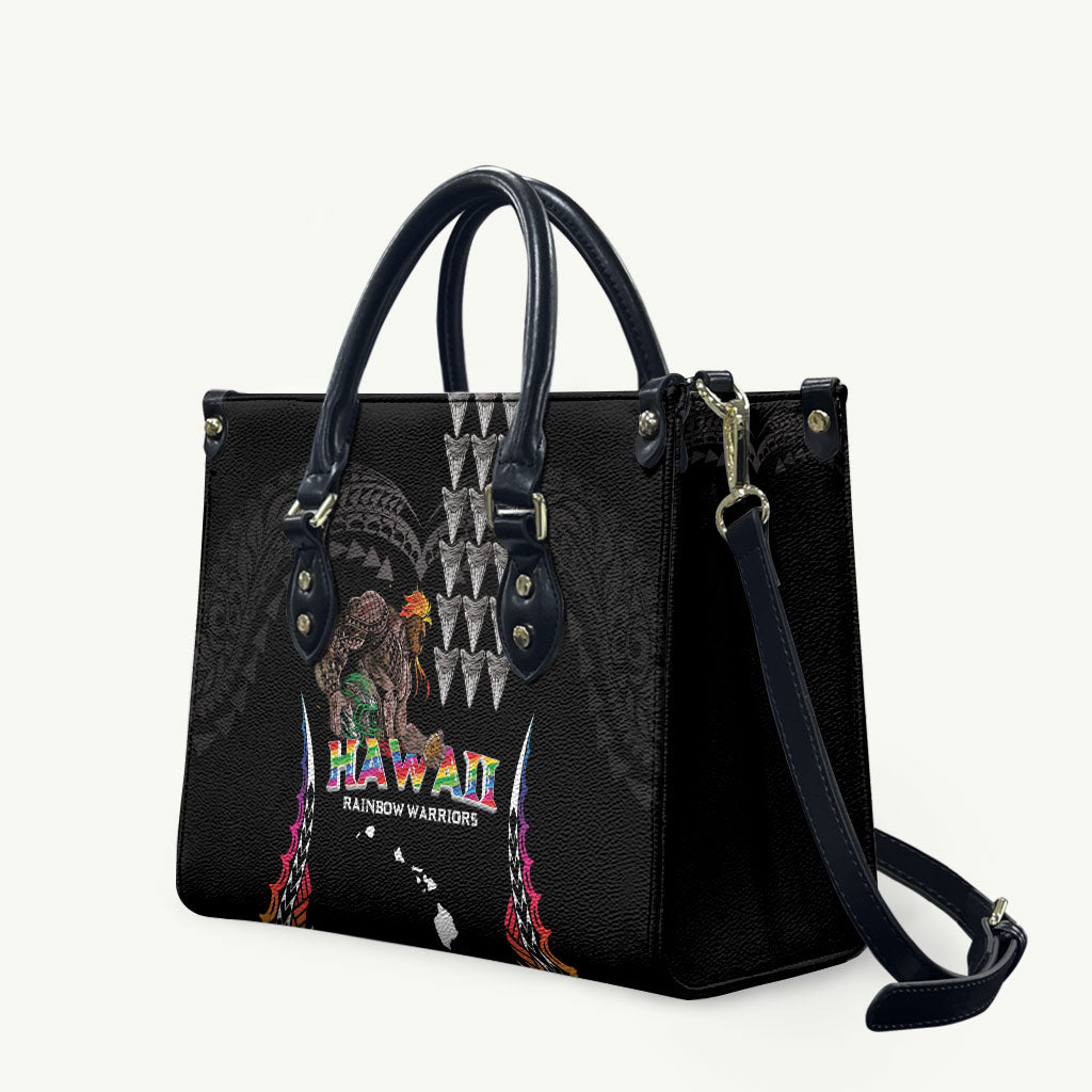 Hawaii Rainbow Warriors Leather Bag Kakau Shark Tooth and Polynesian Art Tattoo LT03 Black - Polynesian Pride