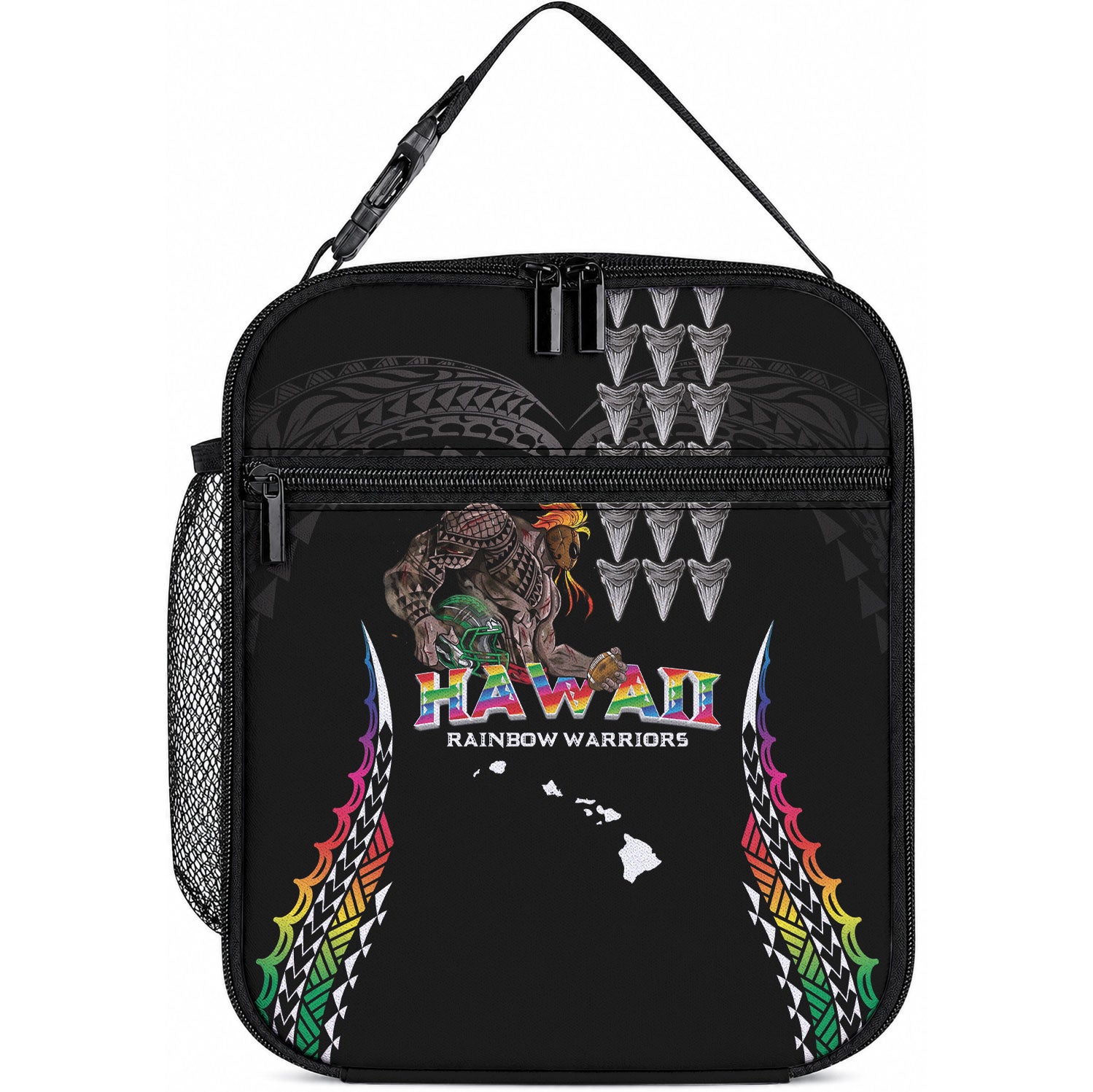 Hawaii Rainbow Warriors Lunch Bag Kakau Shark Tooth and Polynesian Art Tattoo LT03 10.2 × 8.3 × 4.3 inch Black - Polynesian Pride