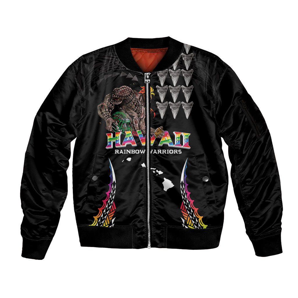 Custom Hawaii Rainbow Warriors Sleeve Zip Bomber Jacket Kakau Shark Tooth and Polynesian Art Tattoo LT03 Unisex Black - Polynesian Pride