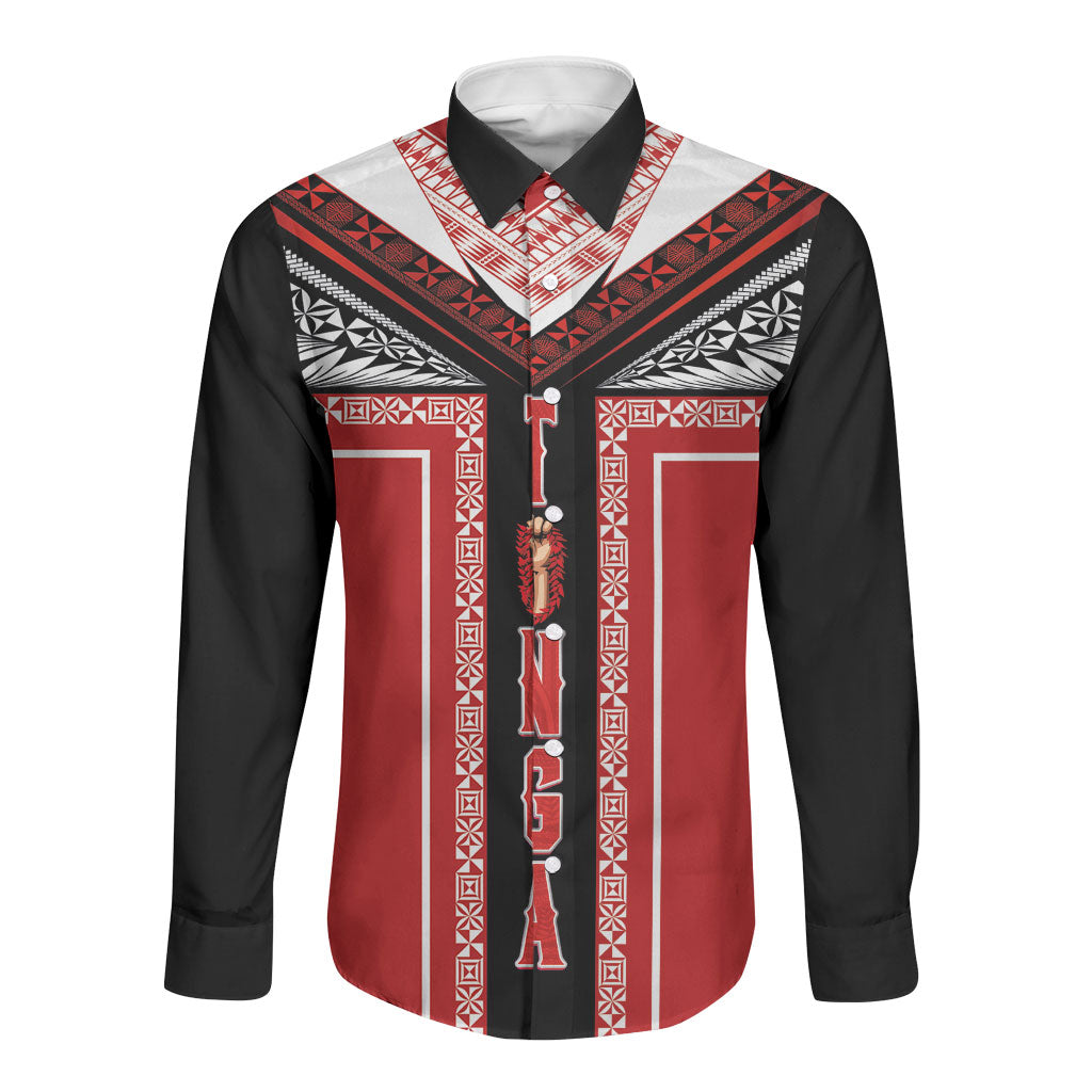 Tonga Long Sleeve Button Shirt Tribal Pacific Ngatu Motif LT03 Unisex Red - Polynesian Pride