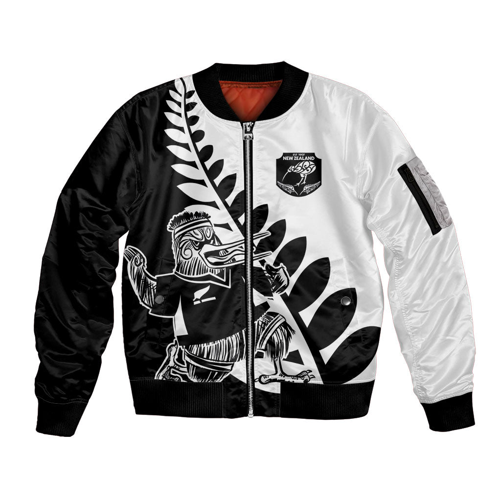 Custom Aotearoa Rugby League Sleeve Zip Bomber Jacket Kiwi Haka and Fern - Sporty Style LT03 Unisex Black - Polynesian Pride