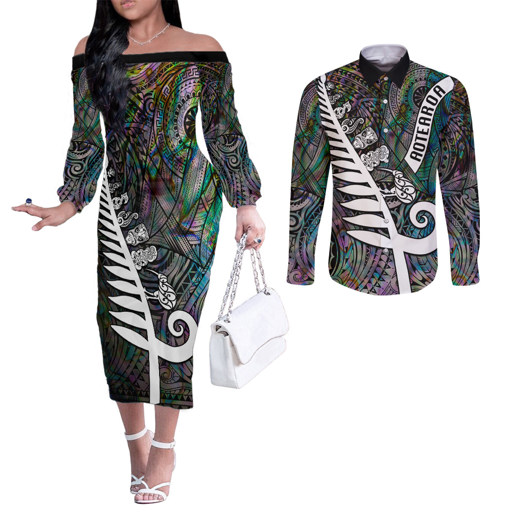 New Zealand Couples Matching Off The Shoulder Long Sleeve Dress and Long Sleeve Button Shirt Aotearoa Symbols With Silver Fern LT03 Black - Polynesian Pride